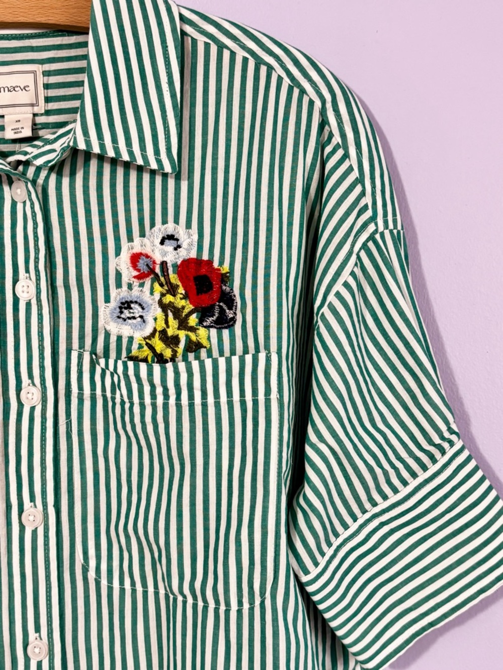 NWT Anthropologie Maeve Mabel Boxy Oxford Green Stripe Embroidered Button SZ XS - Picture 8 of 12